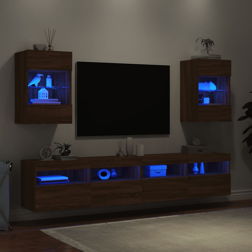 Meubles TV muraux avec lumières LED 2 pièces aspect chêne marron.