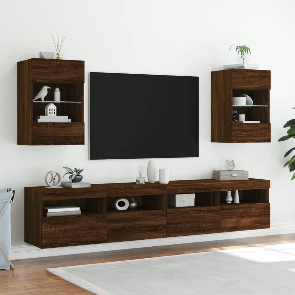 Meubles TV muraux avec lumières LED 2 pièces aspect chêne marron.