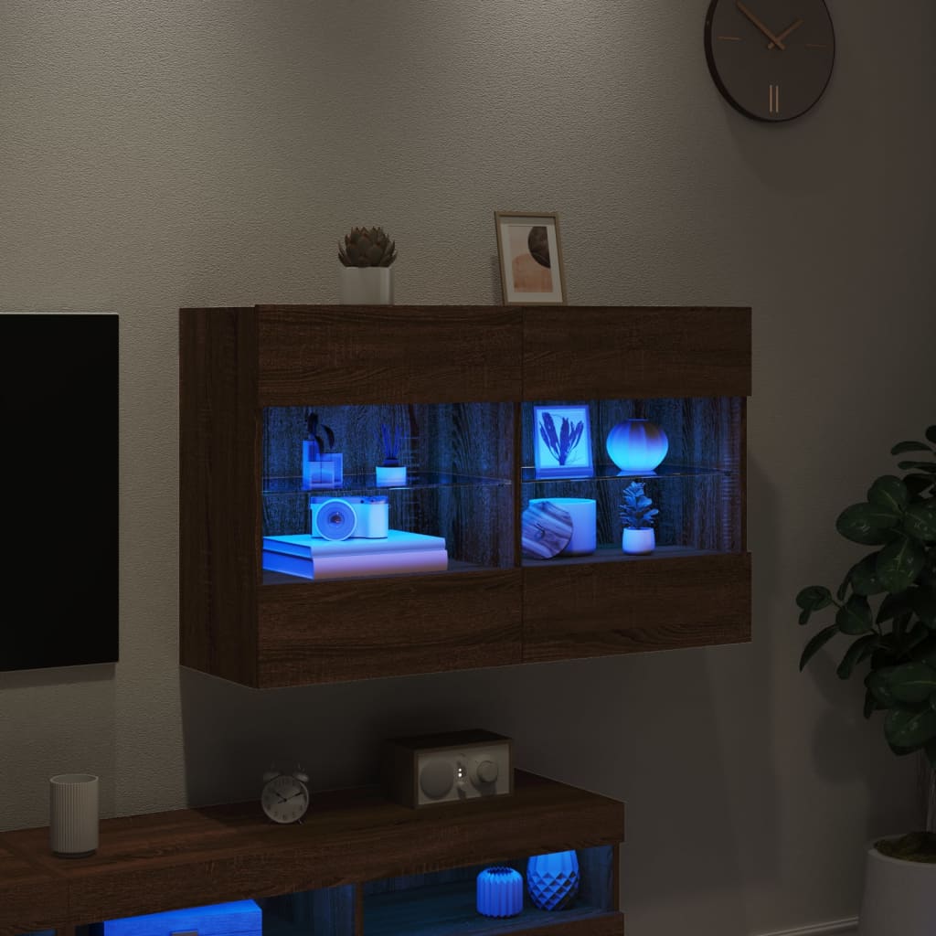 Meuble TV mural avec lumières LED aspect chêne marron