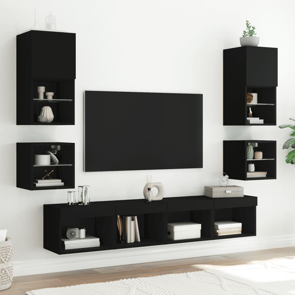 Wall Bedside Table with LED Lights Black