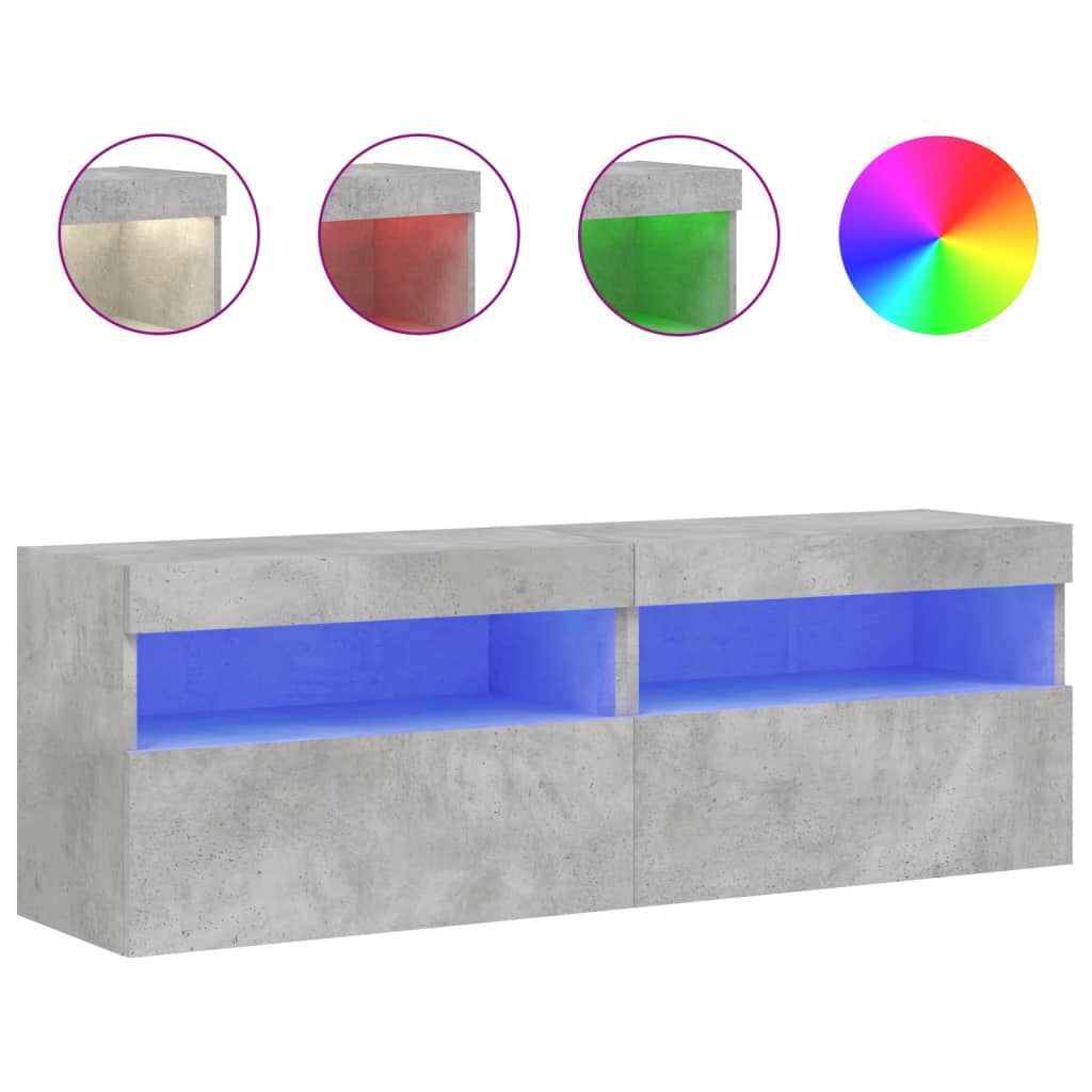 Meubles TV muraux avec lumières LED 2 pièces Gris béton 60x30x40 cm.