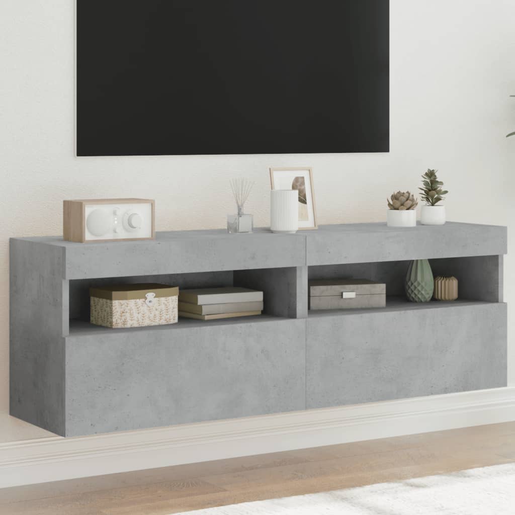 Meubles TV muraux avec lumières LED 2 pièces Gris béton 60x30x40 cm.