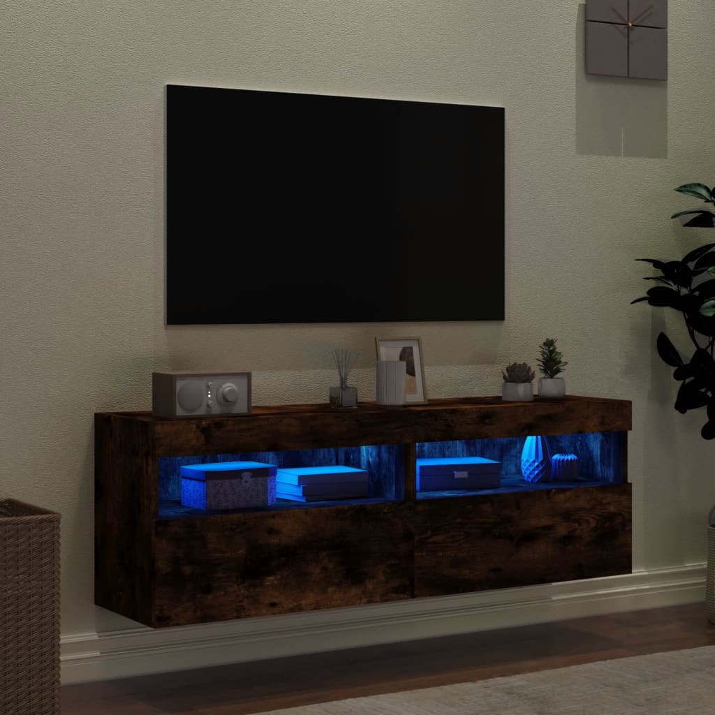 Meubles TV muraux avec lumières LED 2 pièces Chêne fumé 60x30x40cm.