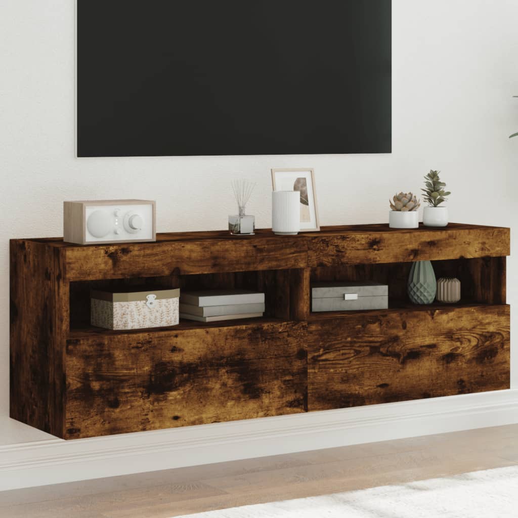 Meubles TV muraux avec lumières LED 2 pièces Chêne fumé 60x30x40cm.