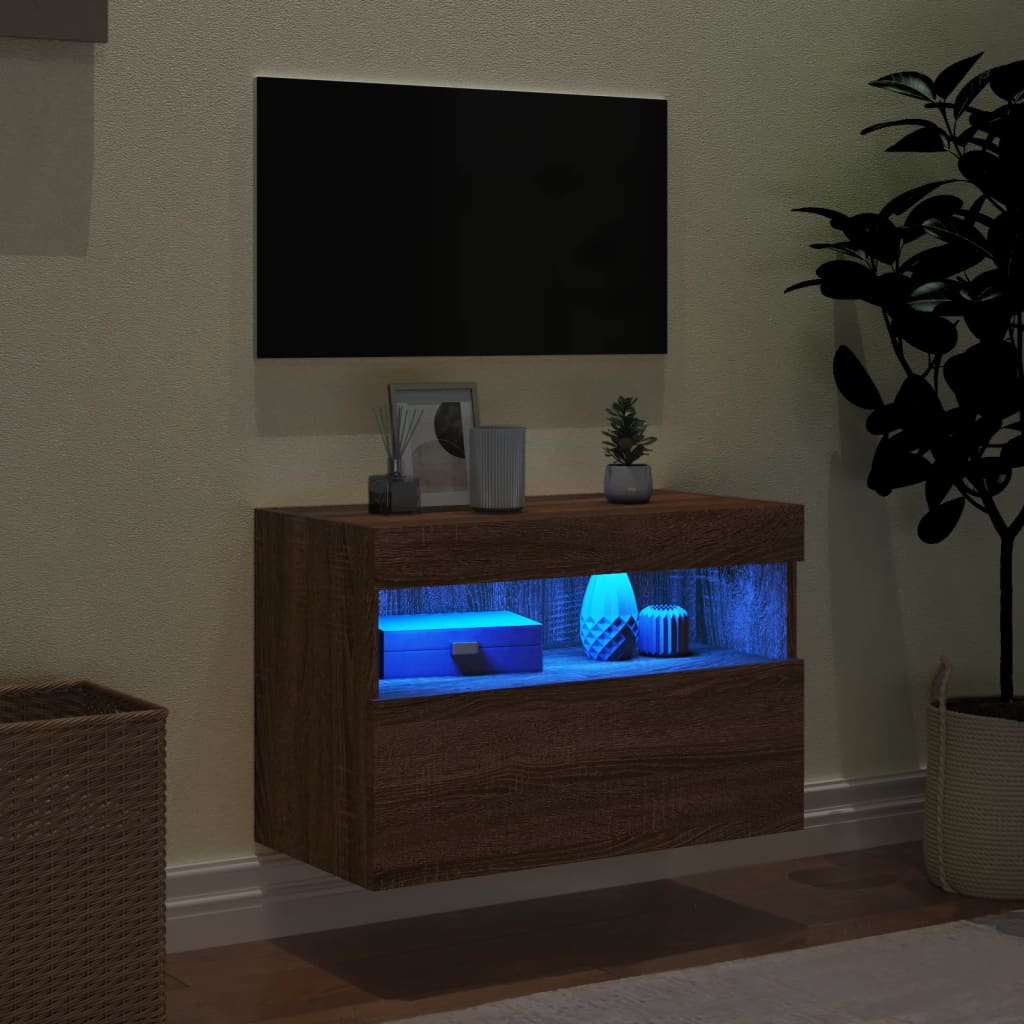 Meuble TV mural avec lumières LED aspect chêne marron 60x30x40 cm