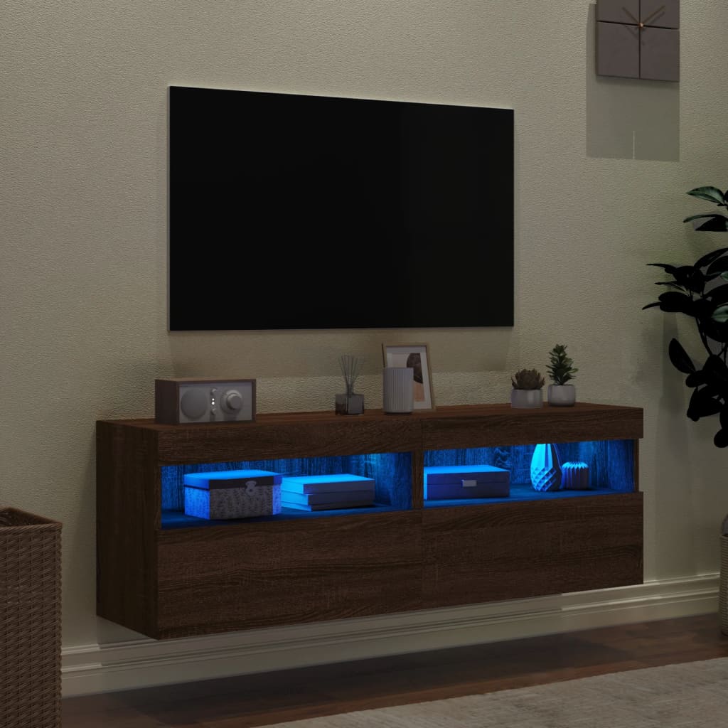 Meubles TV muraux avec lumières LED 2 pièces aspect chêne marron.