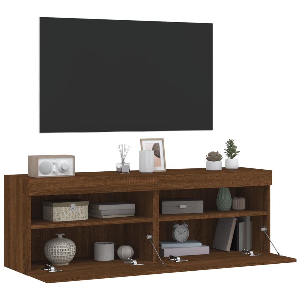 Meubles TV muraux avec lumières LED 2 pièces aspect chêne marron.