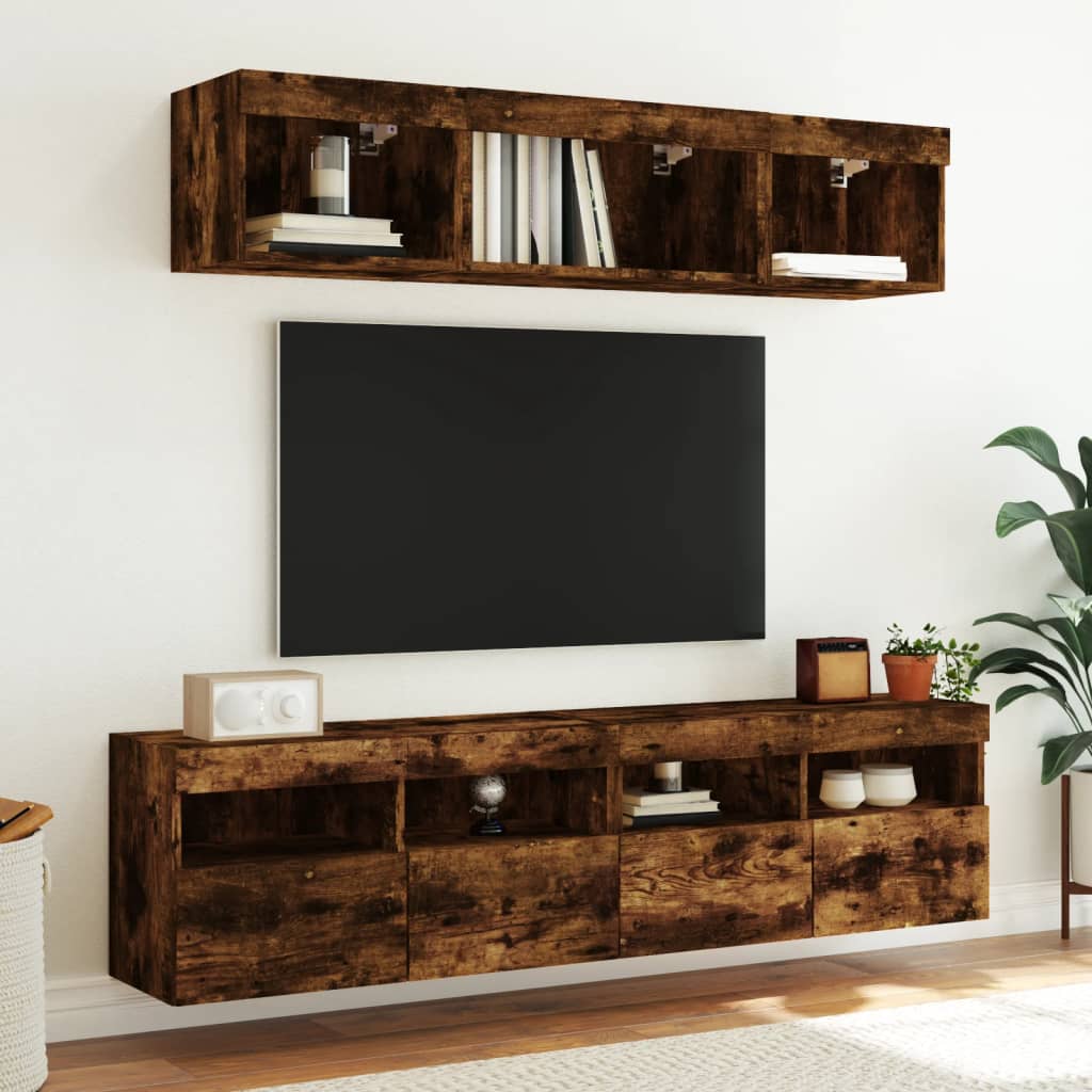 TV-Wandschränke mit LED-Leuchten 2 Stk. Räuchereiche 80x30x40cm