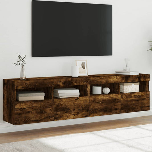 TV-Wandschränke mit LED-Leuchten 2 Stk. Räuchereiche 80x30x40cm