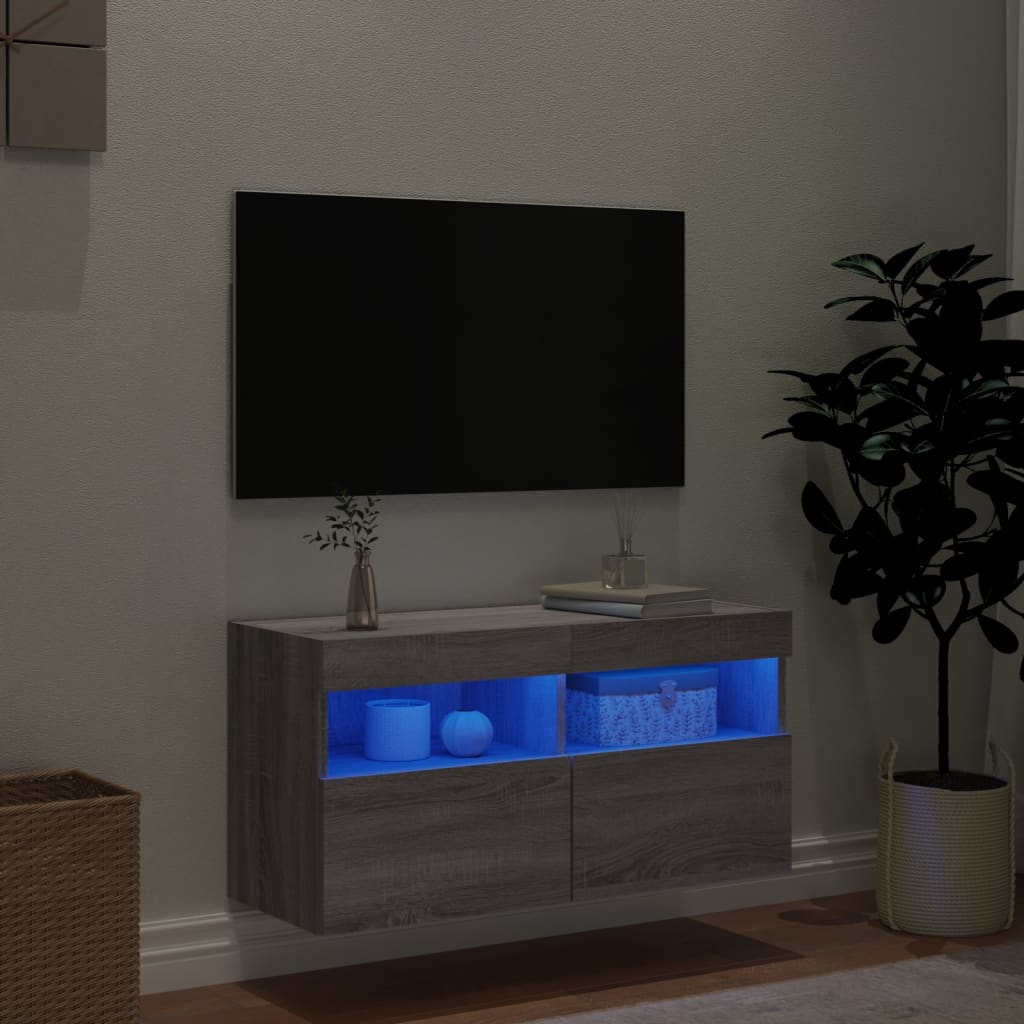 Meuble TV mural avec lumières LED Gris Sonoma 80x30x40 cm