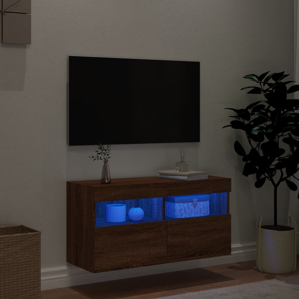 Meuble TV mural avec lumières LED aspect chêne marron 80x30x40 cm