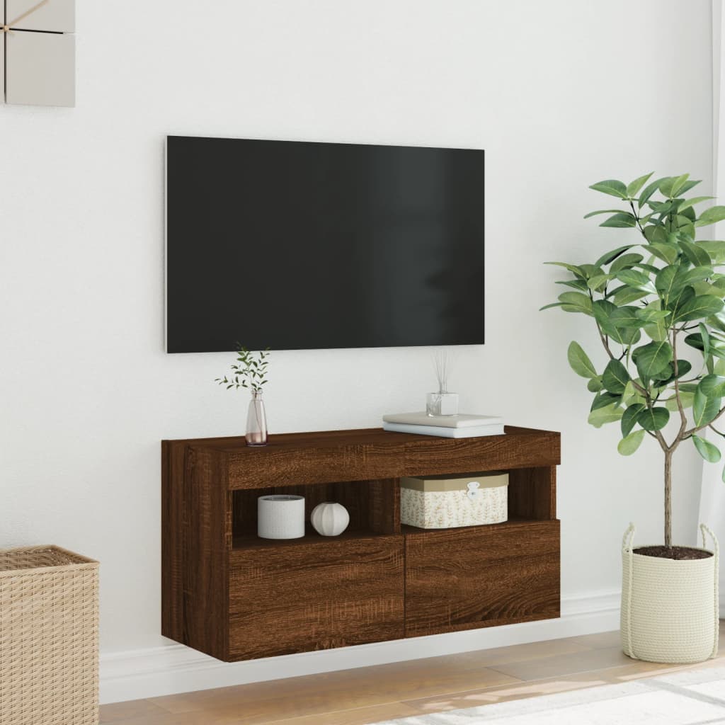 Meuble TV mural avec lumières LED aspect chêne marron 80x30x40 cm