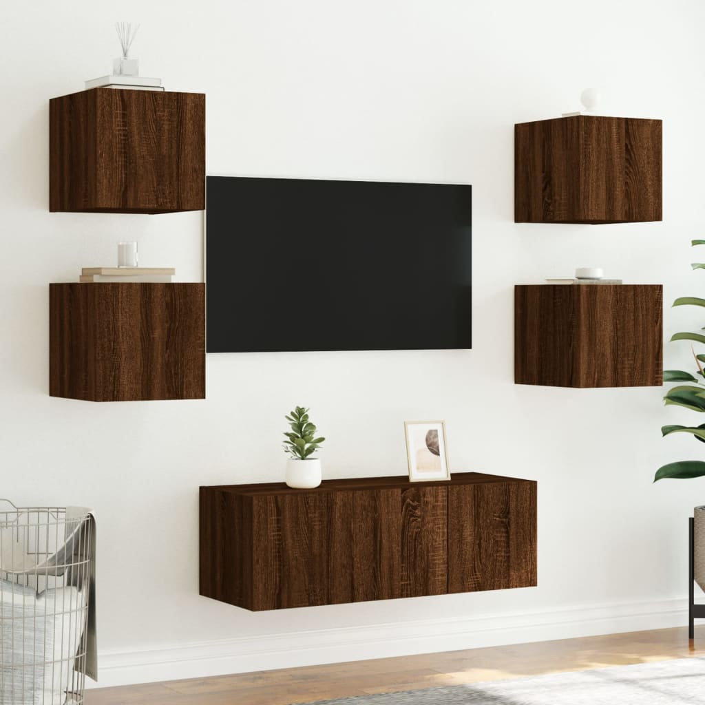 Meubles TV muraux avec lumières LED 2 pièces aspect chêne marron.