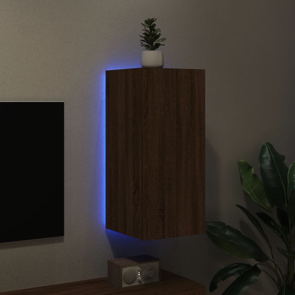 Meuble TV mural avec lumières LED aspect chêne marron 30,5x35x70cm