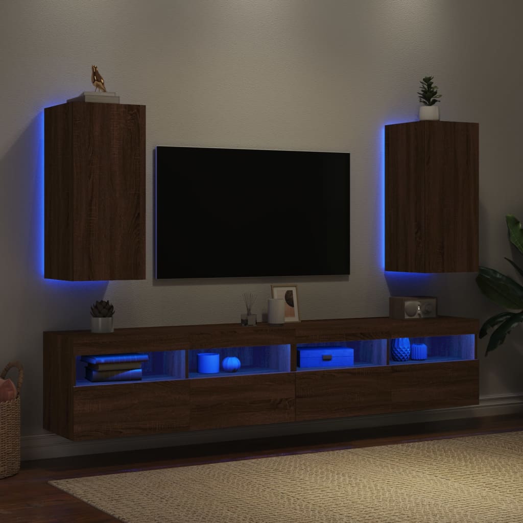 Meubles TV muraux avec lumières LED 2 pièces aspect chêne marron.