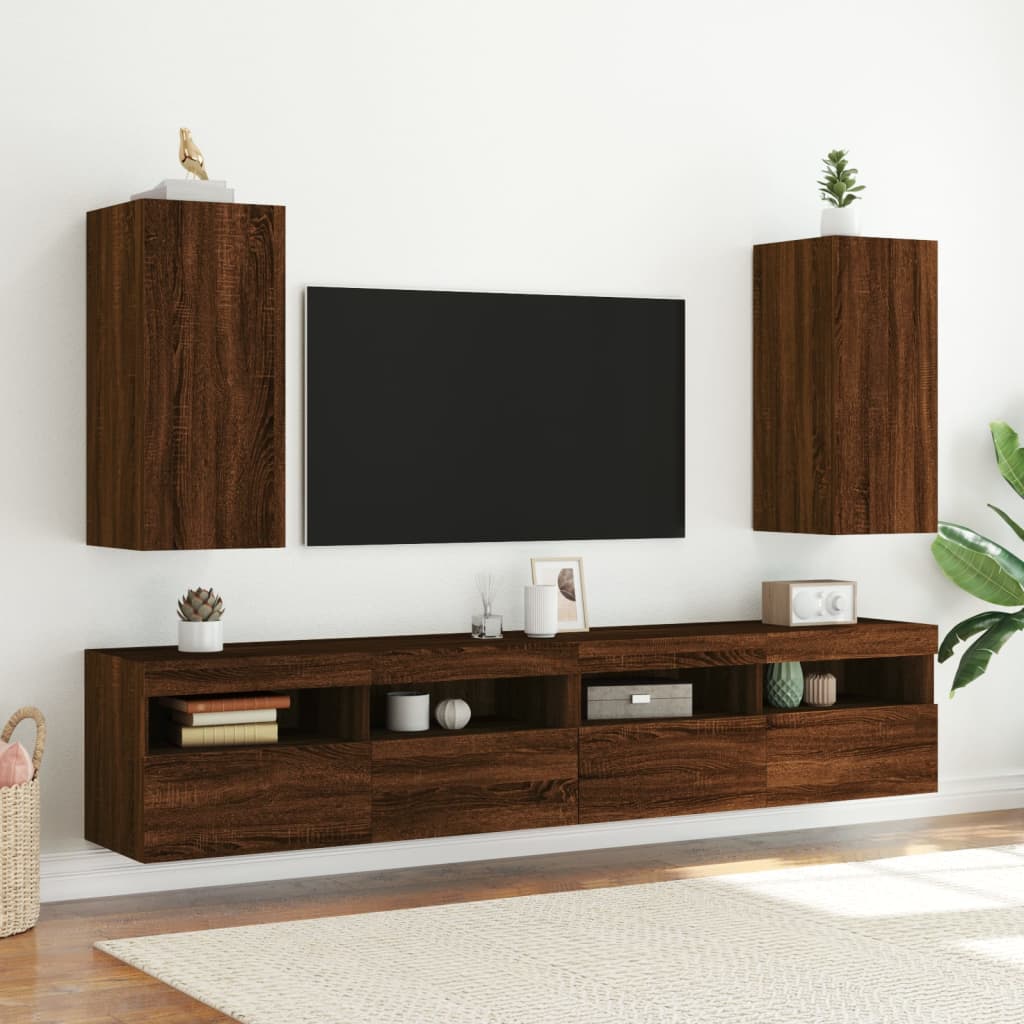 Meubles TV muraux avec lumières LED 2 pièces aspect chêne marron.