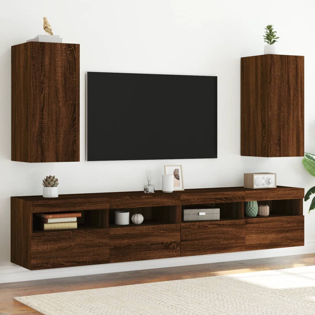 Meubles TV muraux avec lumières LED 2 pièces aspect chêne marron.