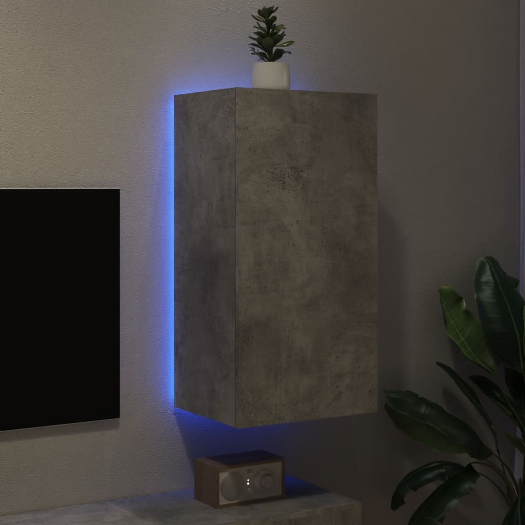 Meuble TV mural avec lumières LED gris béton 40,5x35x80 cm