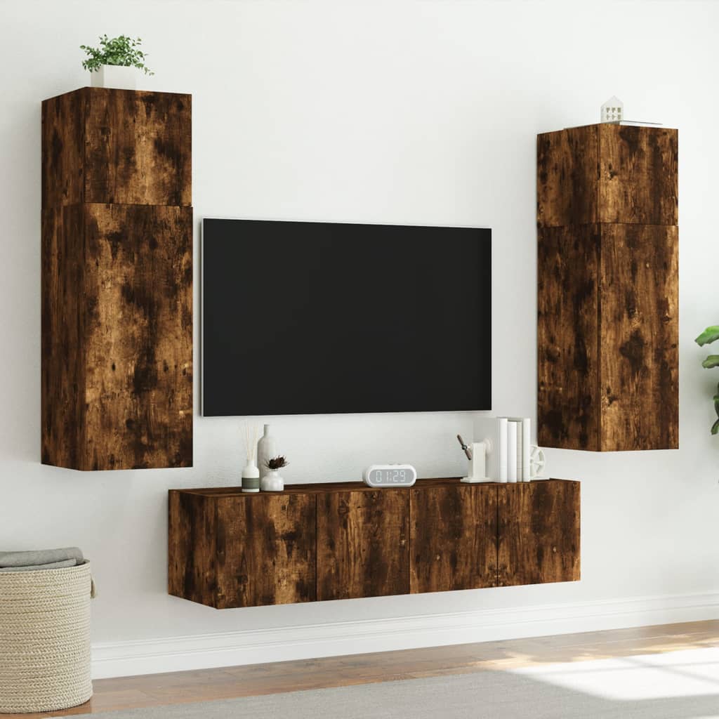 Meubles TV muraux avec lumières LED 2 pièces Chêne fumé 60x35x31cm.