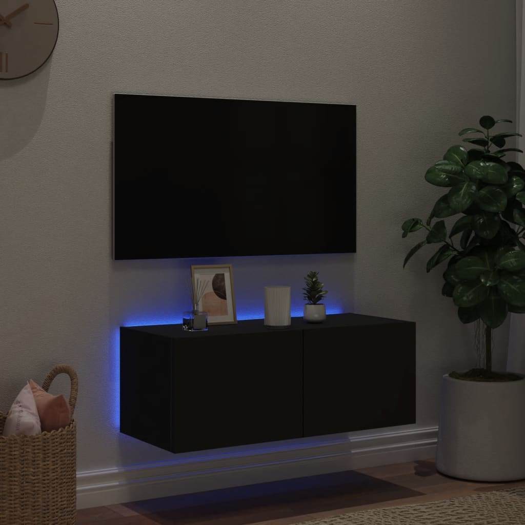 Meuble TV mural avec lumières LED noir 80x35x31 cm