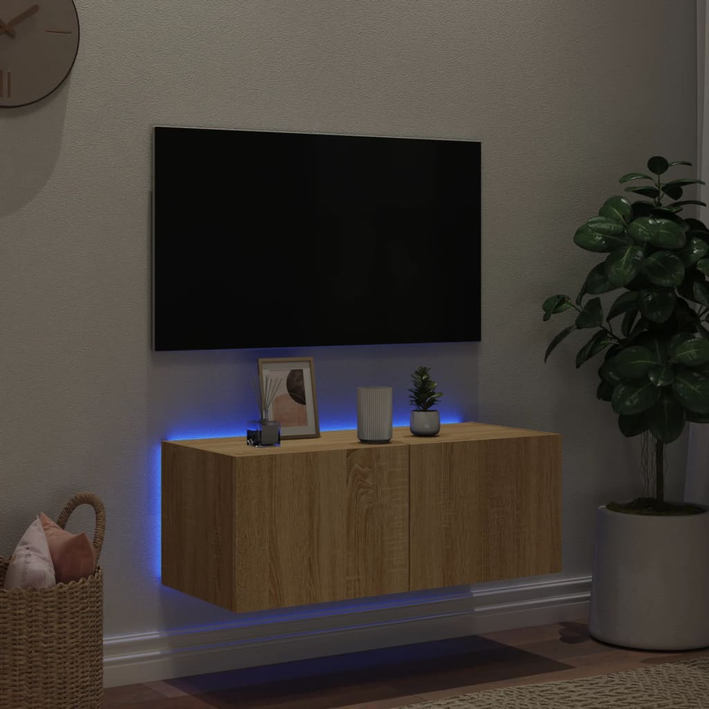 Meuble TV mural avec lumières LED Chêne Sonoma 80x35x31 cm