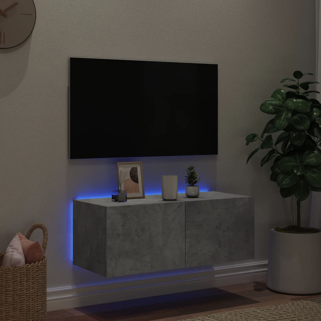 Meuble TV mural avec lumières LED gris béton 80x35x31 cm