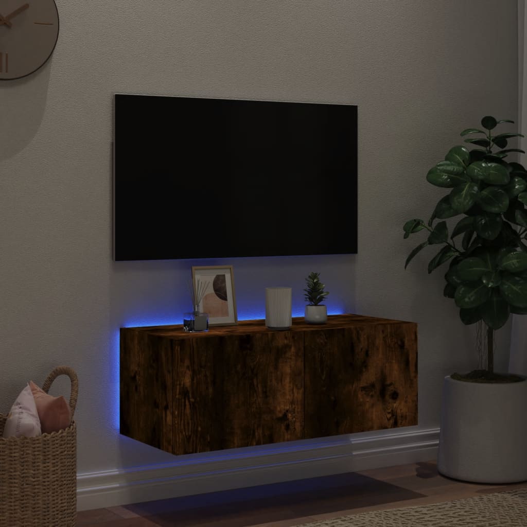 Meuble TV mural avec lumières LED chêne fumé 80x35x31 cm