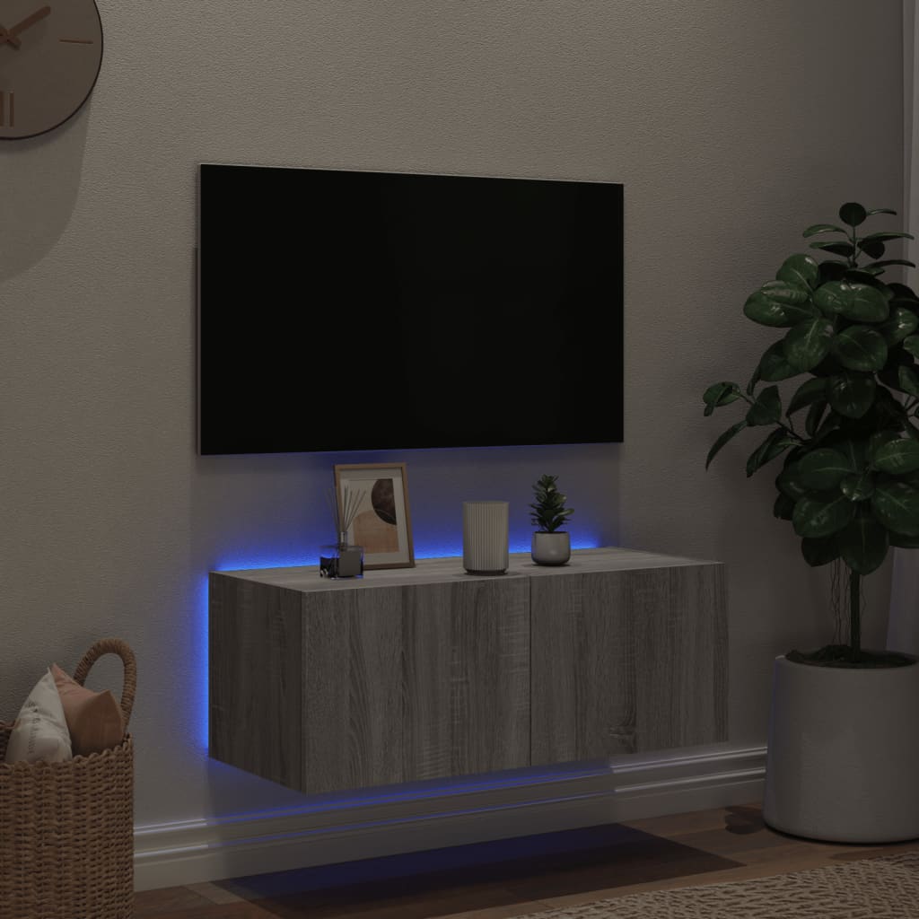 Meuble TV mural avec lumières LED Gris Sonoma 80x35x31 cm