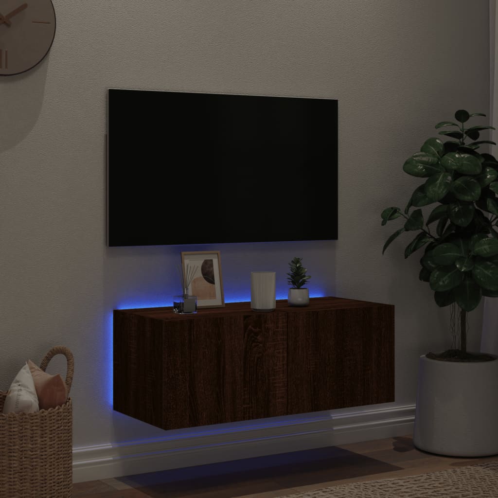 Meuble TV mural avec lumières LED aspect chêne marron 80x35x31 cm