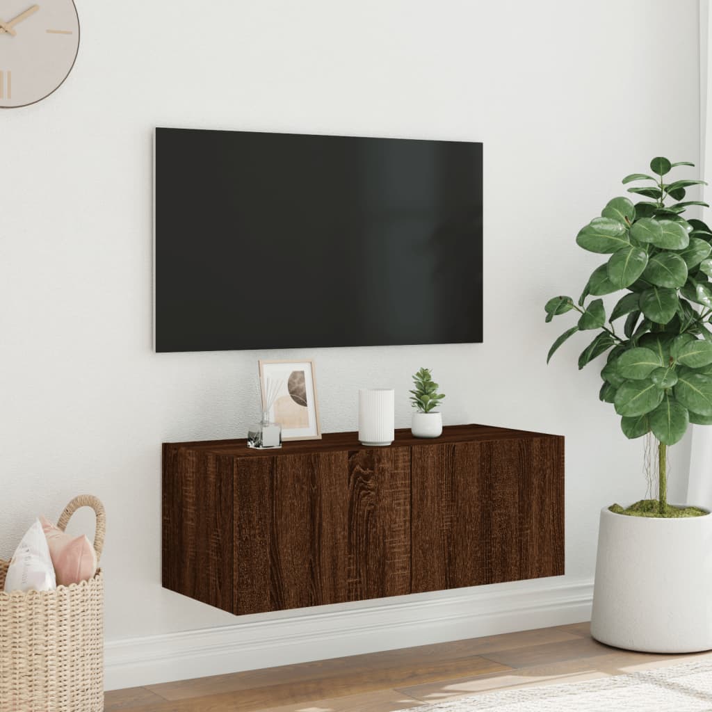 Meuble TV mural avec lumières LED aspect chêne marron 80x35x31 cm