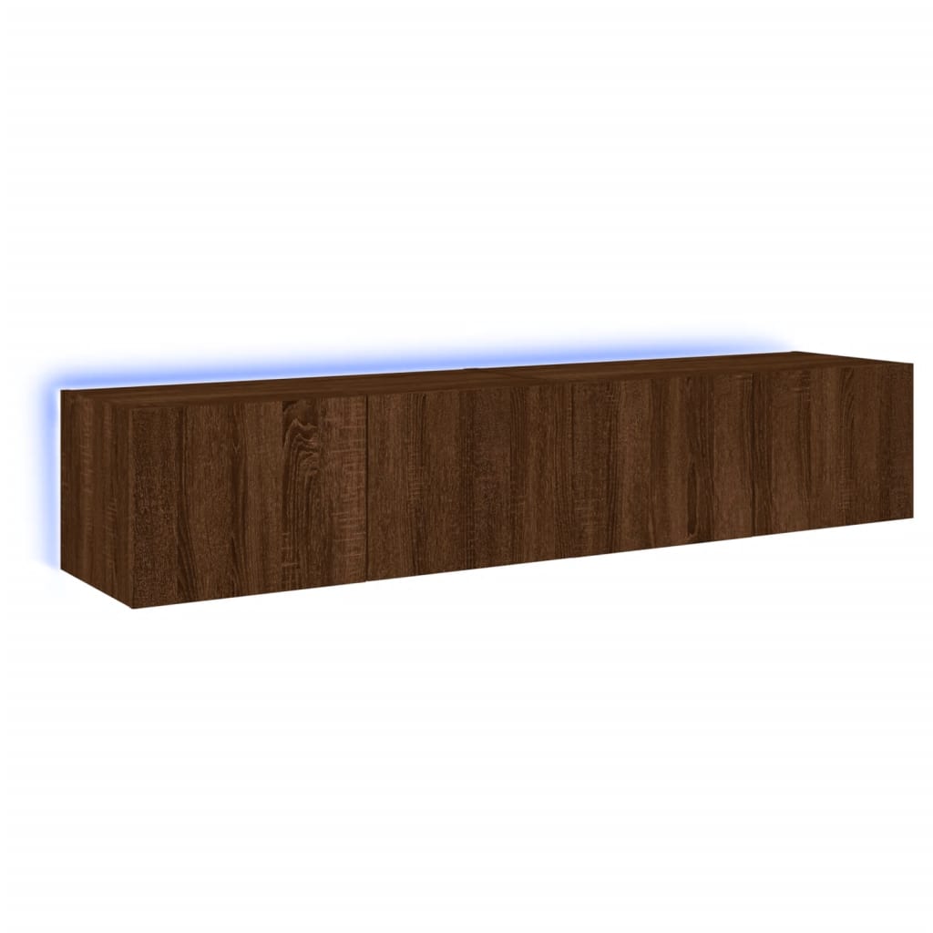 Meubles TV muraux avec lumières LED 2 pièces aspect chêne marron.