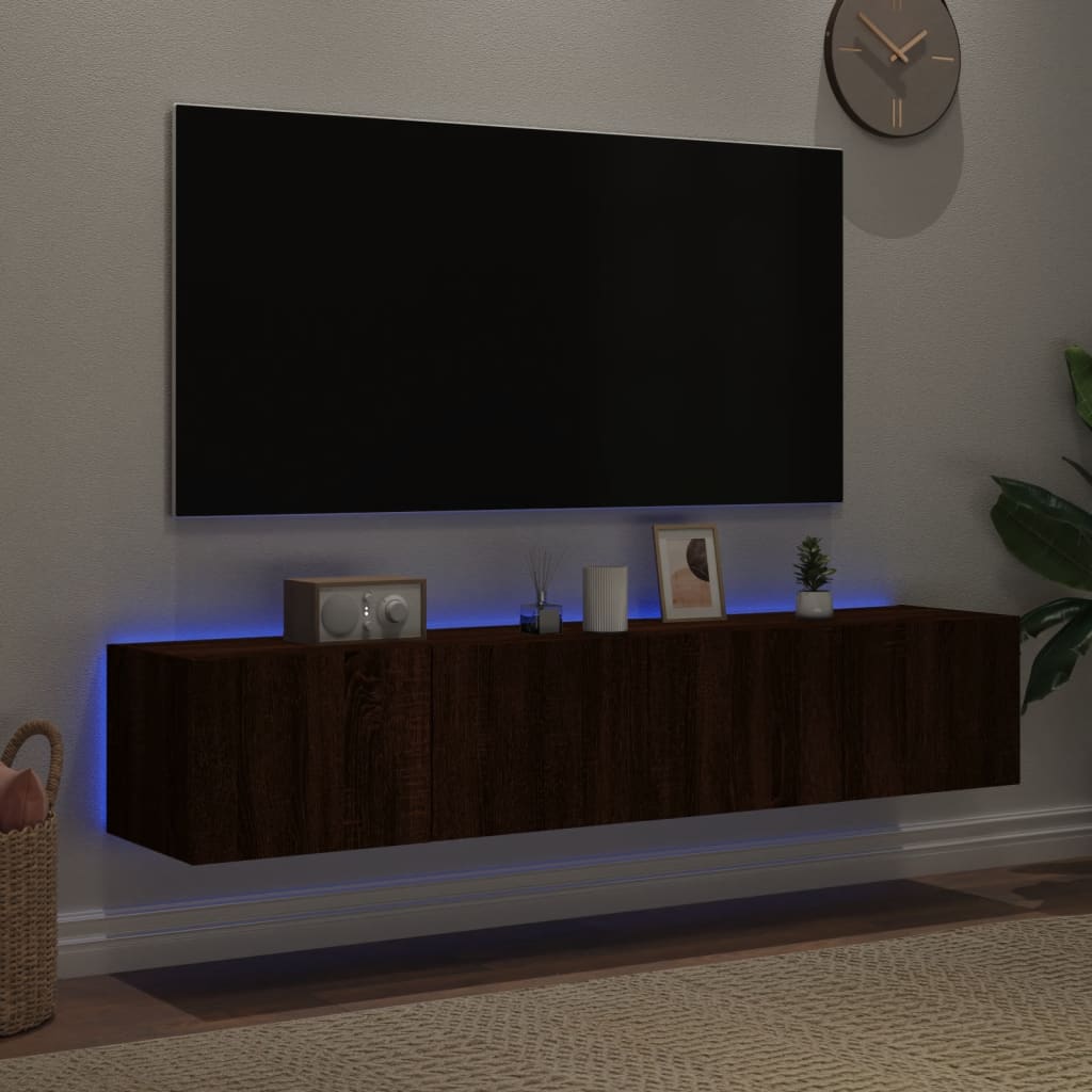 Meubles TV muraux avec lumières LED 2 pièces aspect chêne marron.