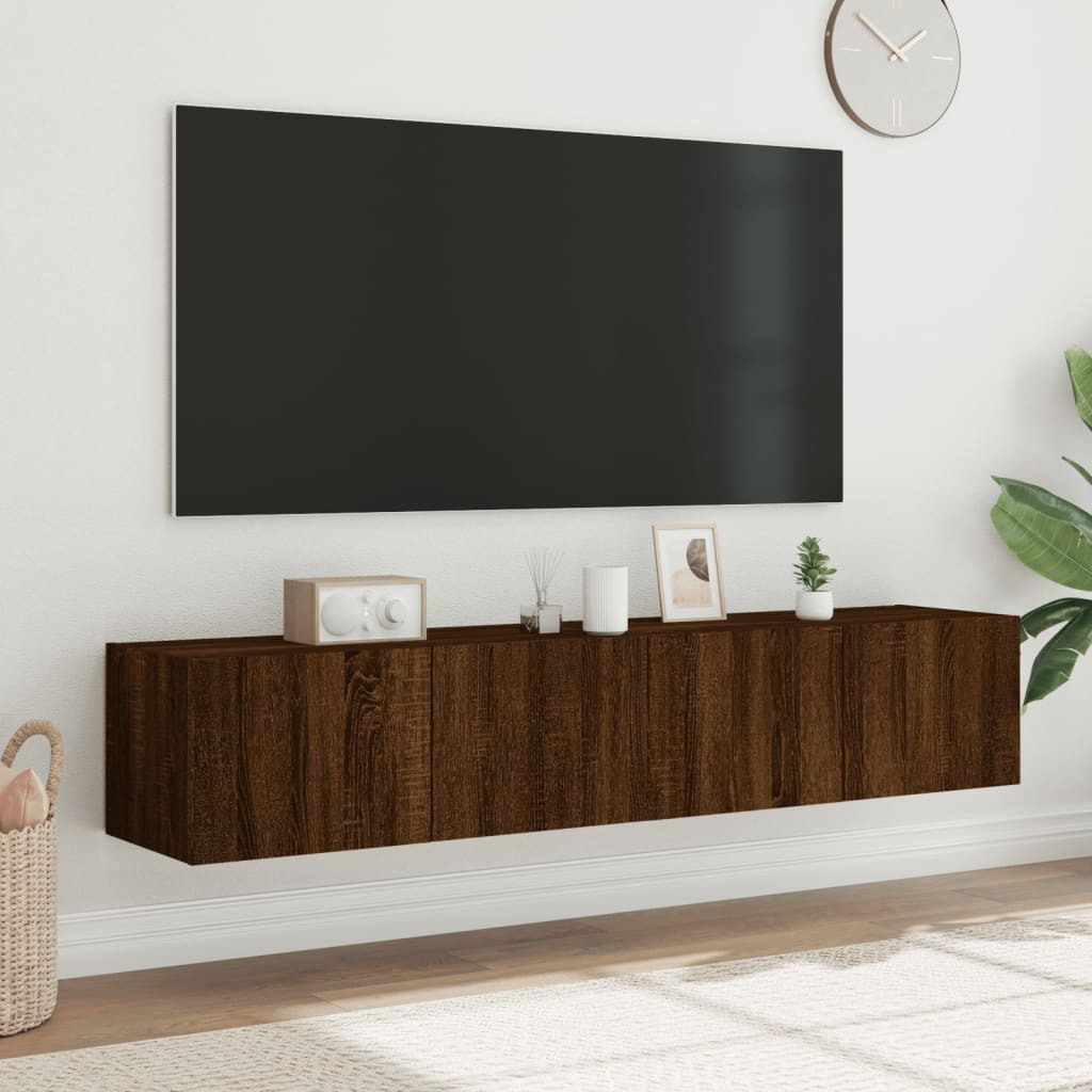 Meubles TV muraux avec lumières LED 2 pièces aspect chêne marron.