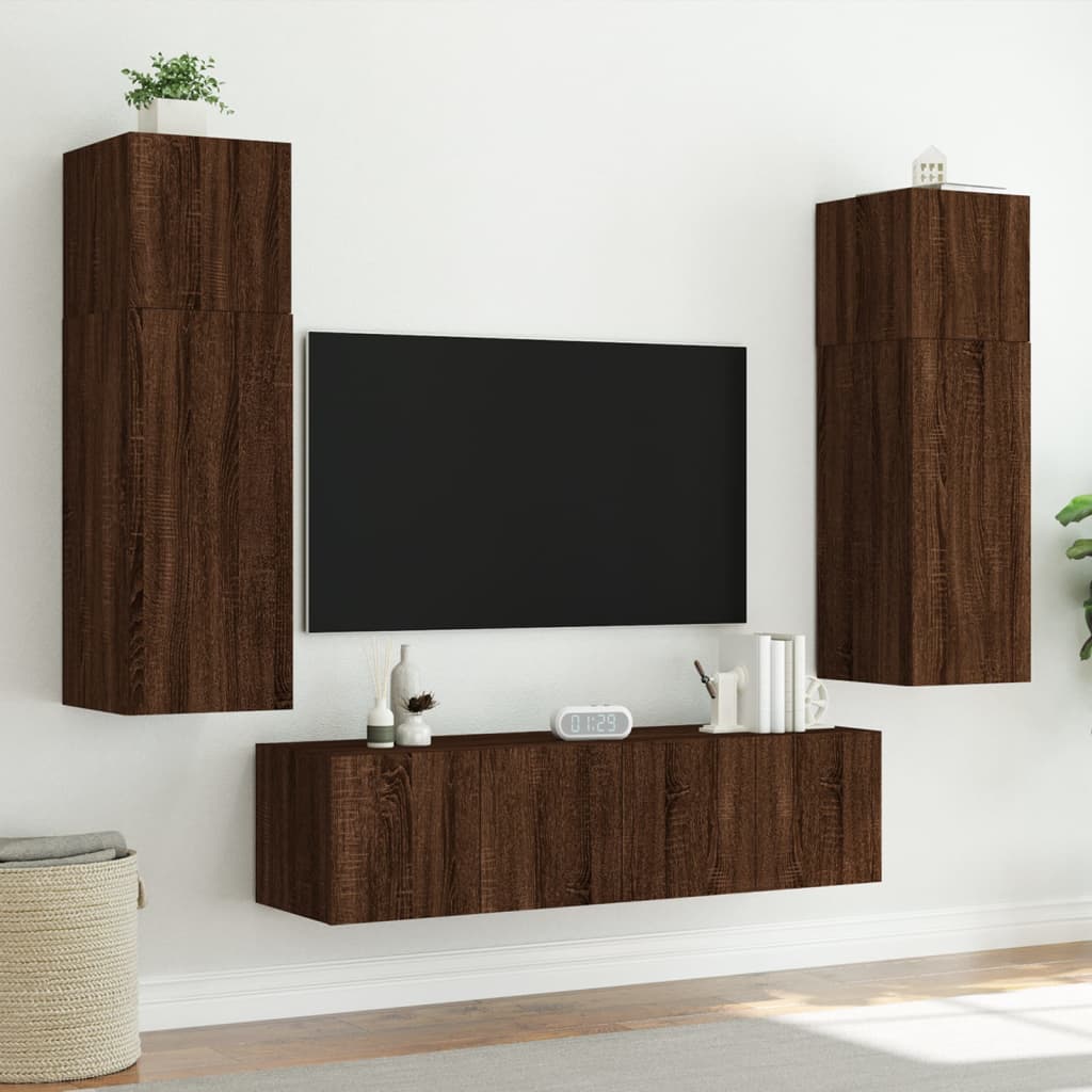 Meubles TV muraux avec lumières LED 2 pièces aspect chêne marron.