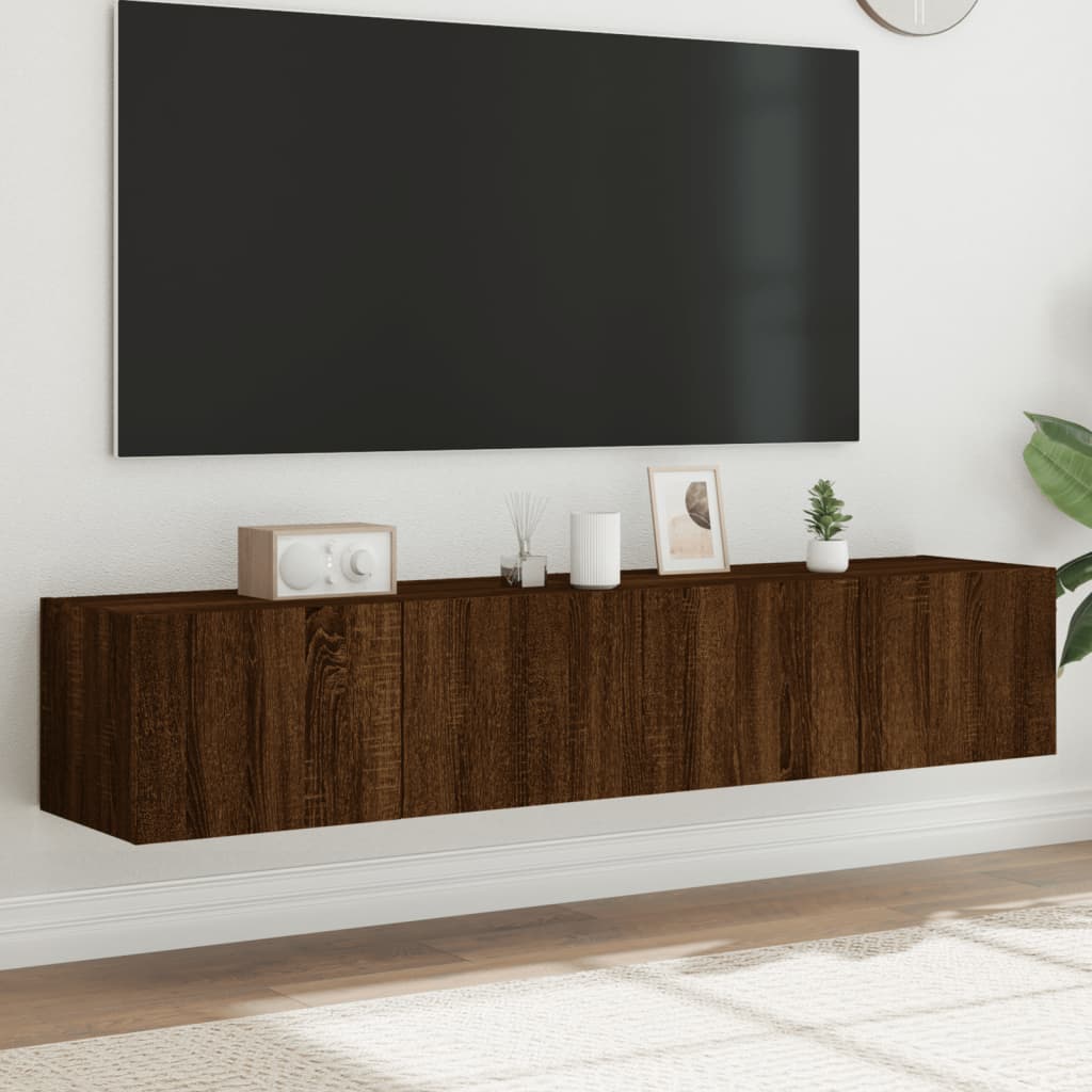 Meubles TV muraux avec lumières LED 2 pièces aspect chêne marron.