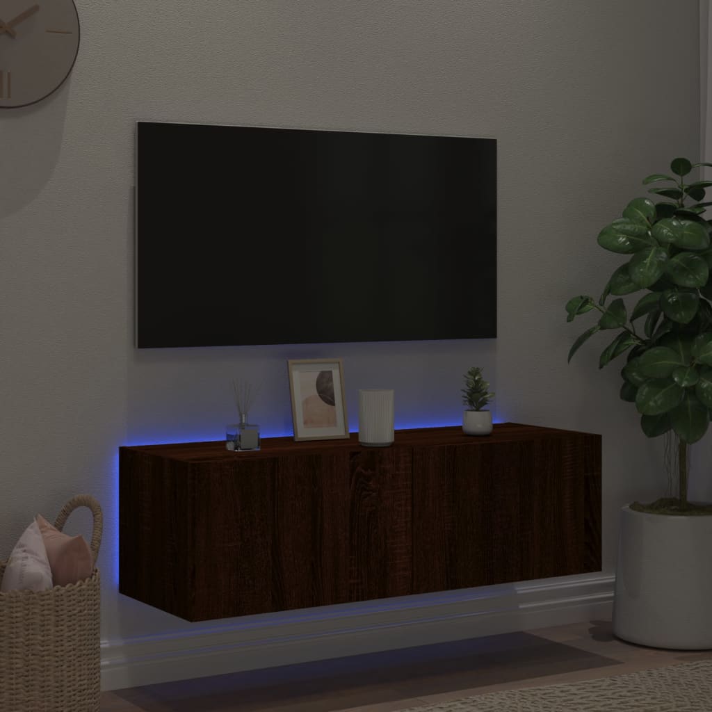 Meuble TV mural avec lumières LED aspect chêne marron 100x35x31 cm