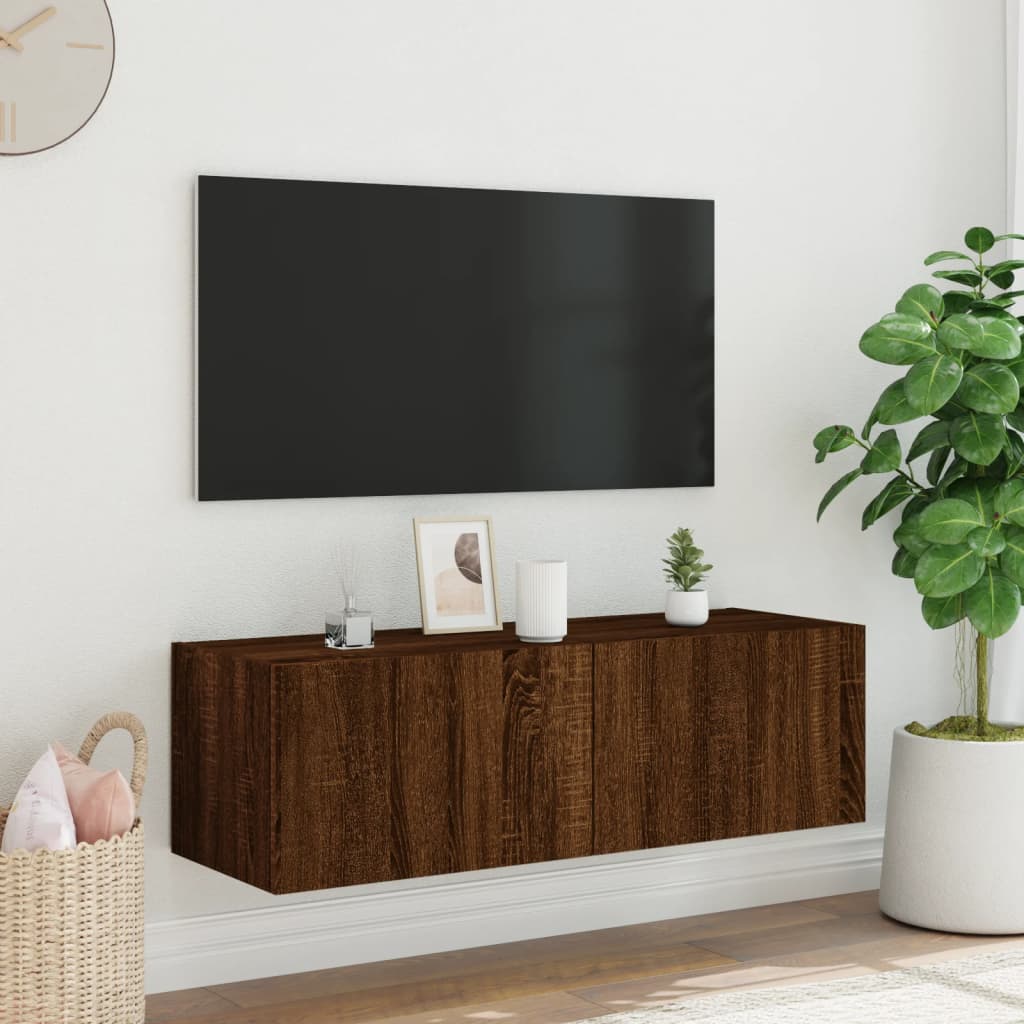 Meuble TV mural avec lumières LED aspect chêne marron 100x35x31 cm