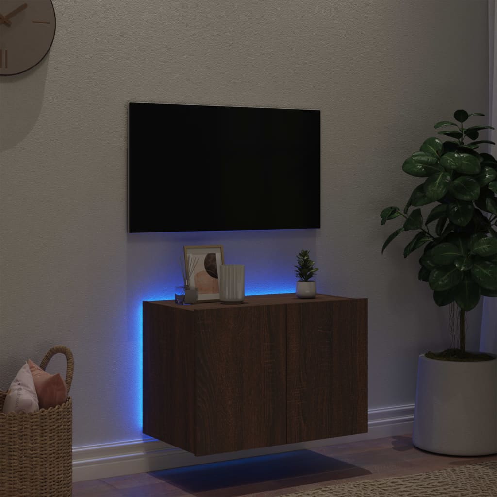 Meuble TV mural avec lumières LED aspect chêne marron 60x35x41 cm