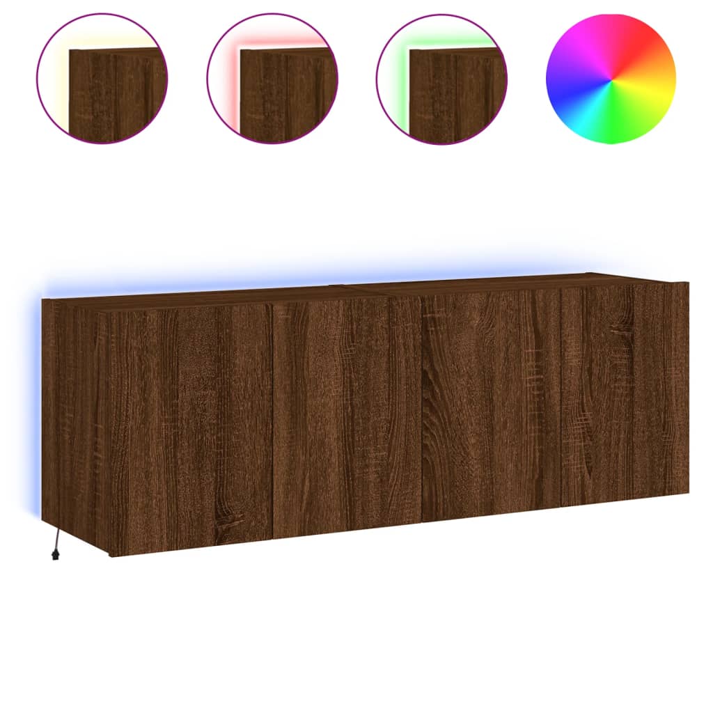 Meubles TV muraux avec lumières LED 2 pièces aspect chêne marron.