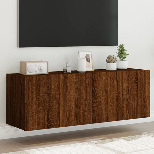 Meubles TV muraux avec lumières LED 2 pièces aspect chêne marron.