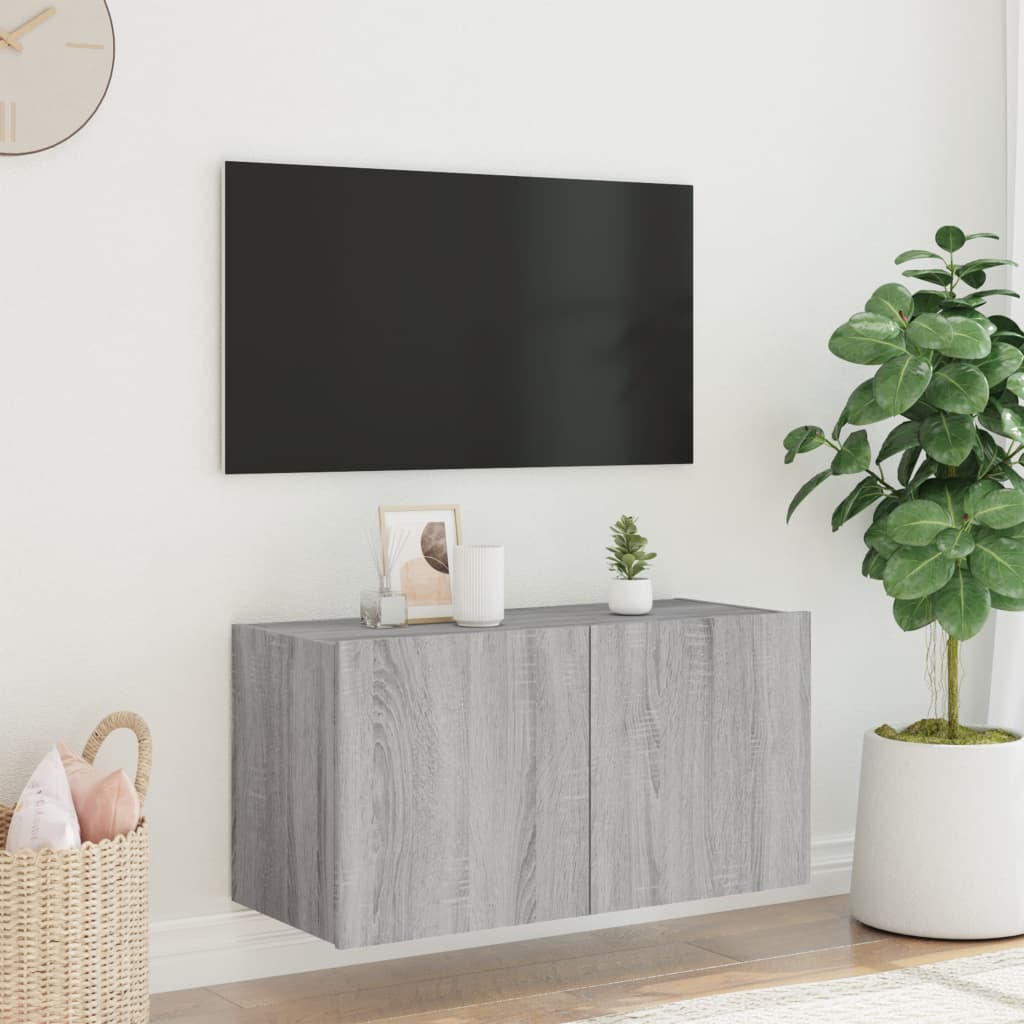 Meuble TV mural avec lumières LED Gris Sonoma 80x35x41 cm