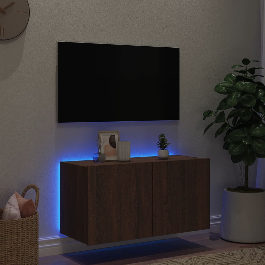 Meuble TV mural avec lumières LED aspect chêne marron 80x35x41 cm