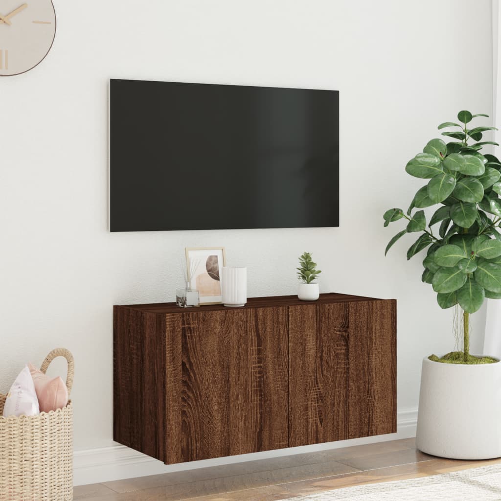 Meuble TV mural avec lumières LED aspect chêne marron 80x35x41 cm