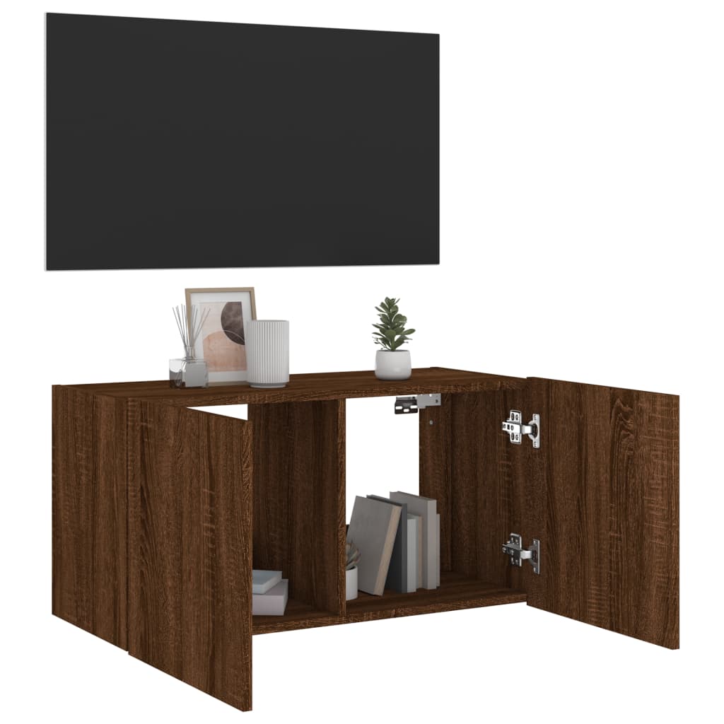 Meuble TV mural avec lumières LED aspect chêne marron 80x35x41 cm