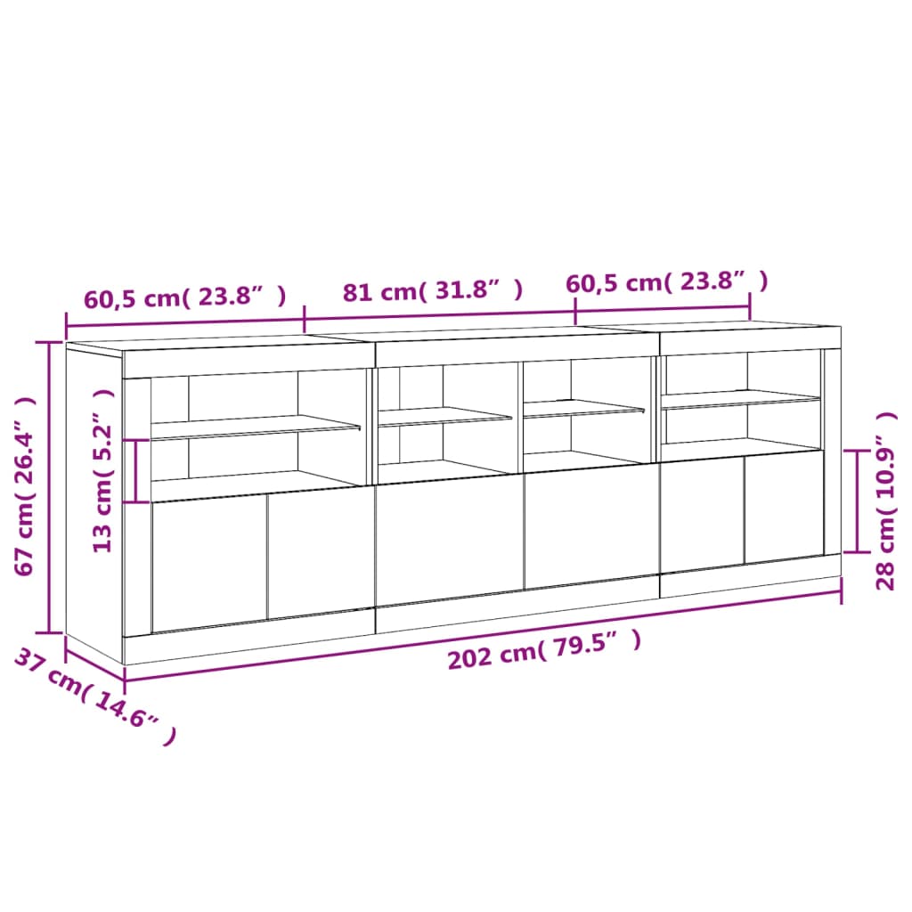 Sideboard mit LED-Leuchten Weiß 202x37x67 cm