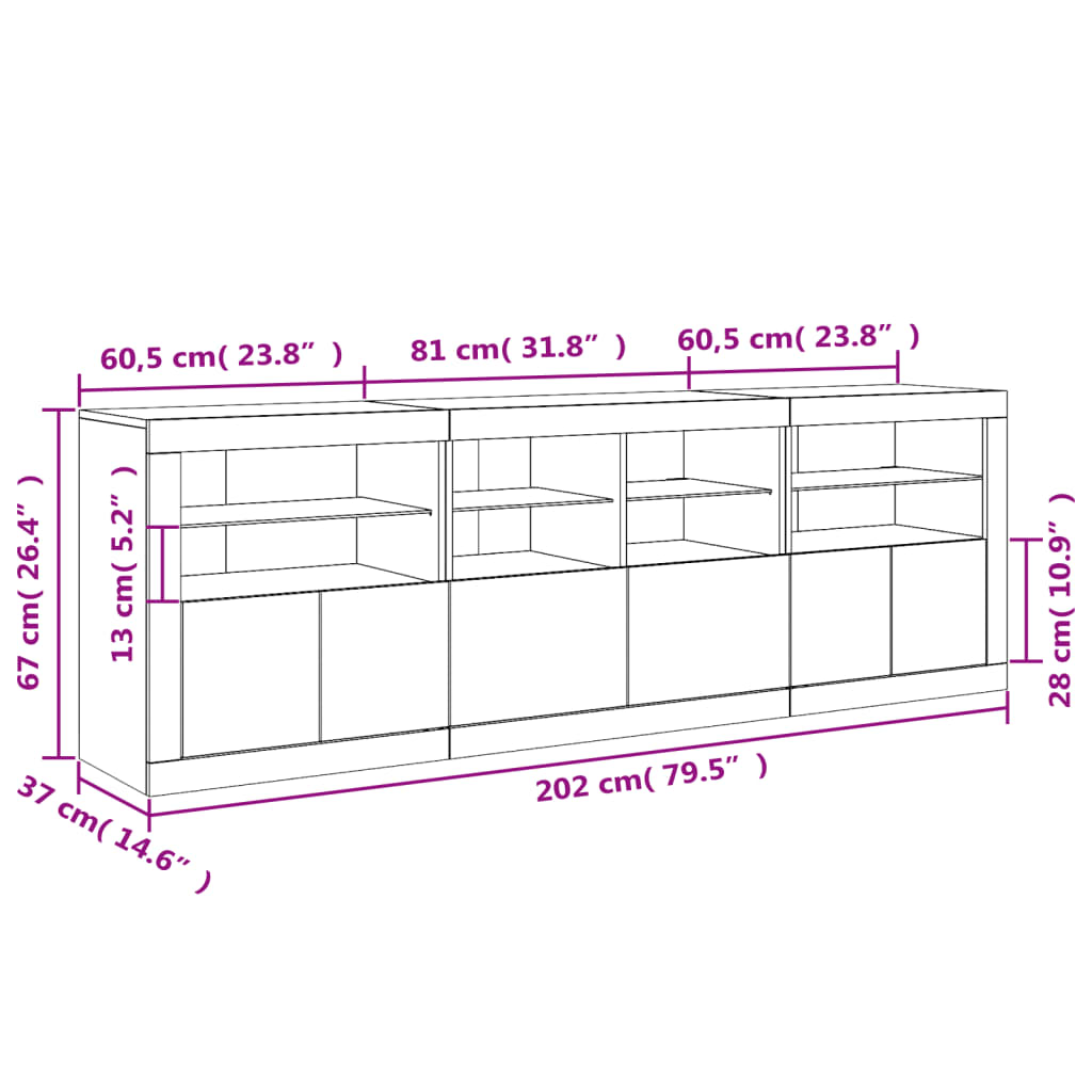 Sideboard mit LED-Leuchten Sonoma-Eiche 202x37x67 cm
