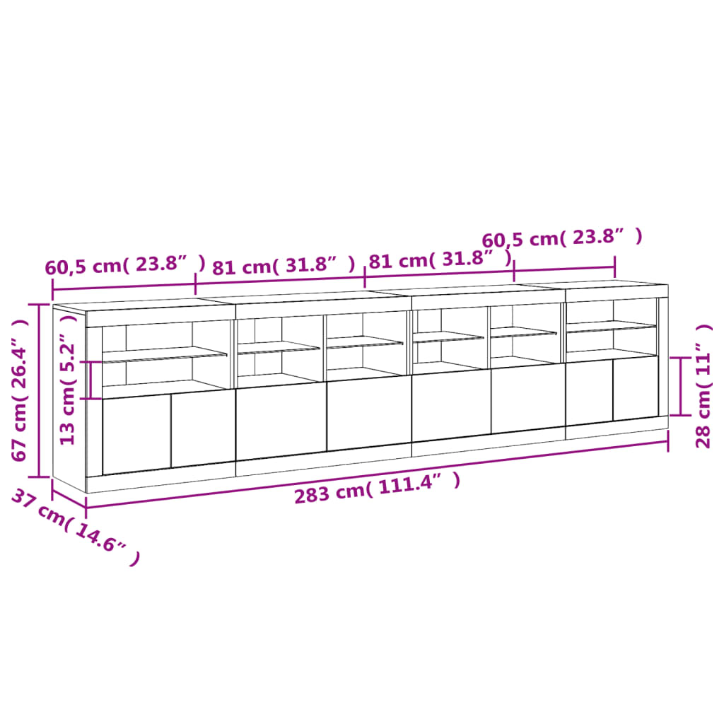 Sideboard mit LED-Leuchten Betongrau 283x37x67 cm