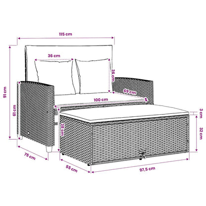 Gartensofa mit Kissen 2-Sitzer Schwarz Poly Rattan