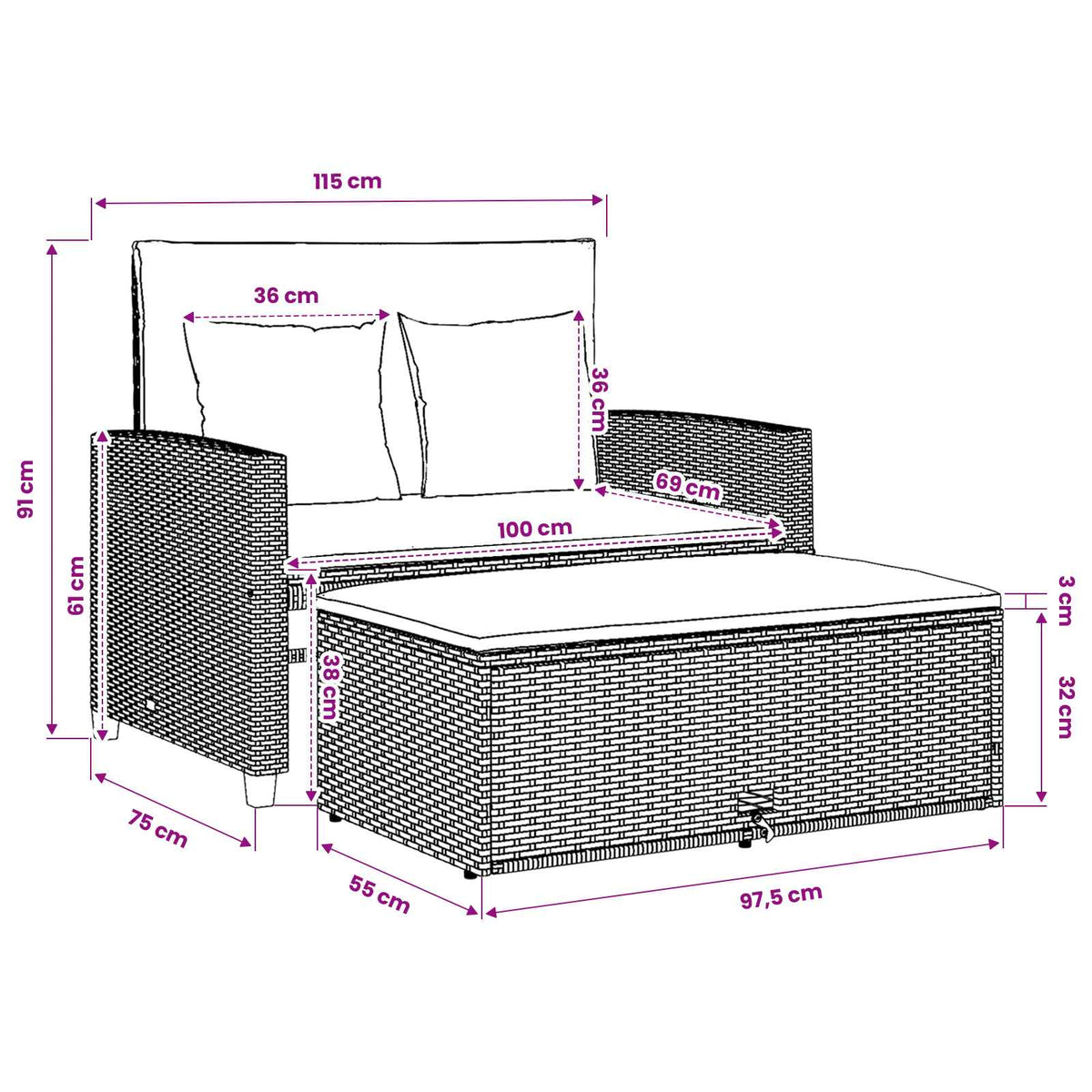 Gartensofa mit Kissen 2-Sitzer Beige Poly Rattan