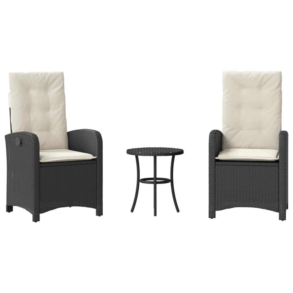 3-tlg. Bistro-Set mit Kissen Schwarz Poly Rattan